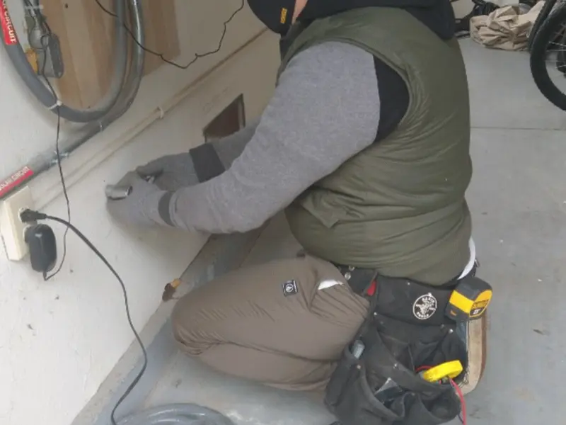 Electrician performing outlet wiring in a Homer Glen garage